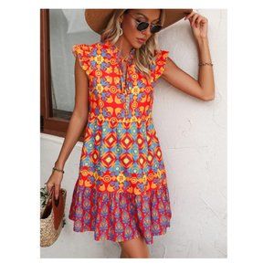 Shein Women´s Print Tie Neck Ruffle Trim Smock Dress In Multicolor Size L NWOT